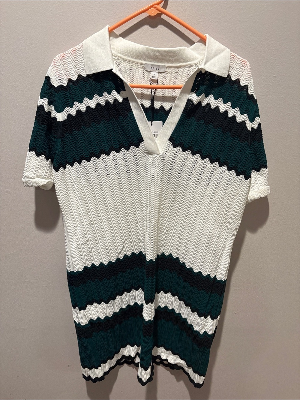 Reiss White, Dark Green & Black Knit Short Sleeve Tunic Dress